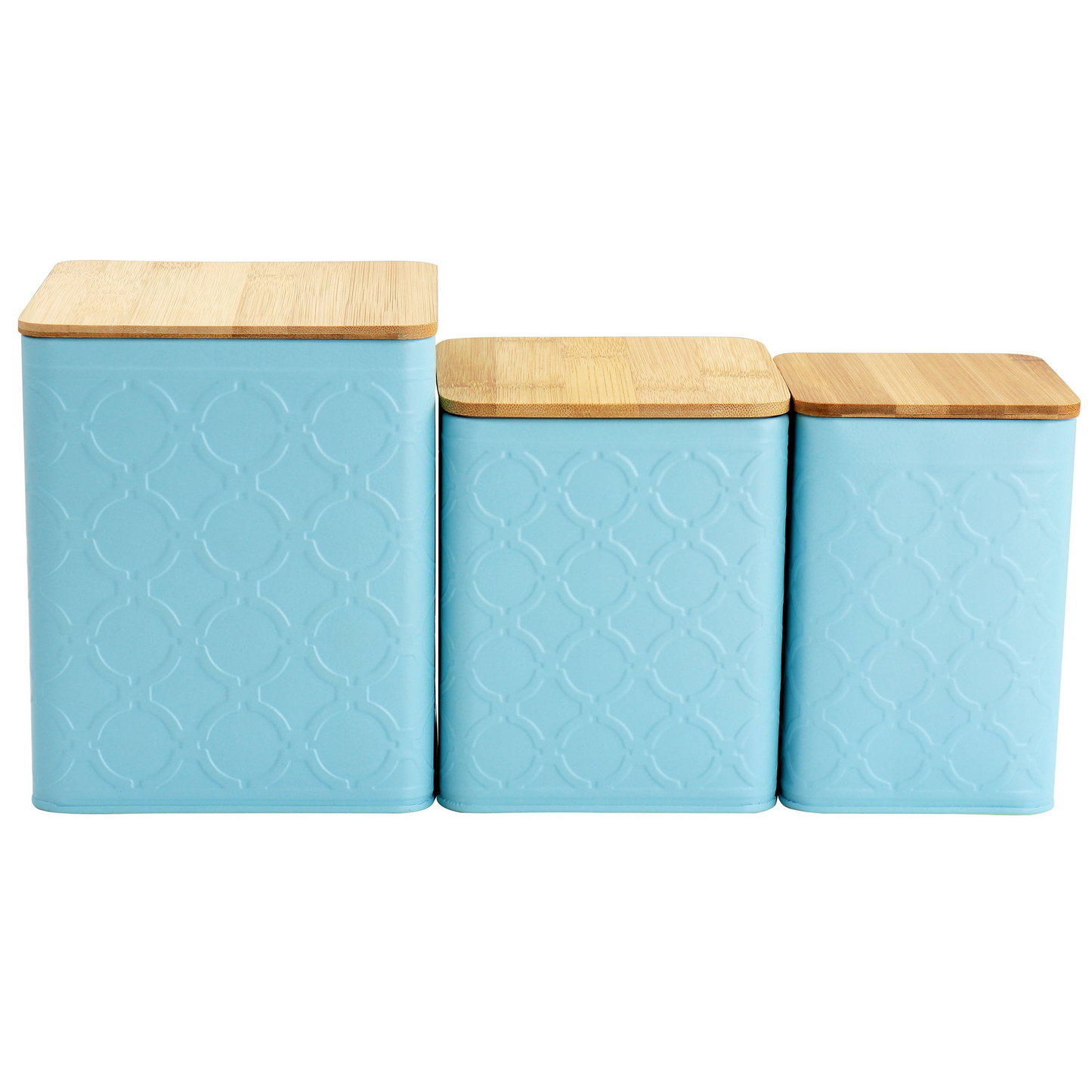 MEGACHEF 3 PIECE SQUARE IRON KITCHEN CANISTER SET WITH BAMBOO LIDS IN TURQUOISE