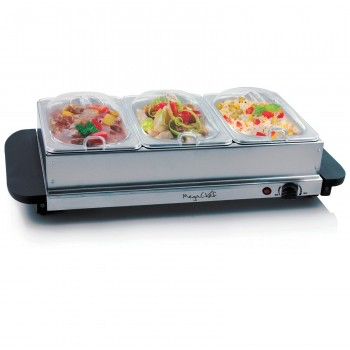 MEGACHEF BUFFET SERVER & FOOD WARMER WITH 3 REMOVABLE SECTIONAL TRAYS , HEATED WARMING TRAY AND REMOVABLE TRAY FRAME