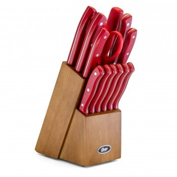 OSTER EVANSVILLE 14 PIECE STAINLESS STEEL CUTLERY SET WITH RED HANDLES