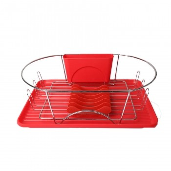MEGACHEF 17 INCH RED AND SILVER DISH RACK WITH DETACHABLE UTENSIL HOLDER AND A 6 ATTACHABLE PLATE POSITIONER