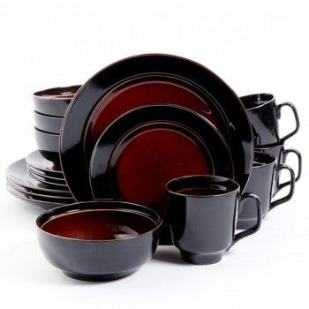 GIBSON ELITE BELLA GALLERIA 16 PIECE STONEWARE DINNERWARE SET IN RED AND BLACK