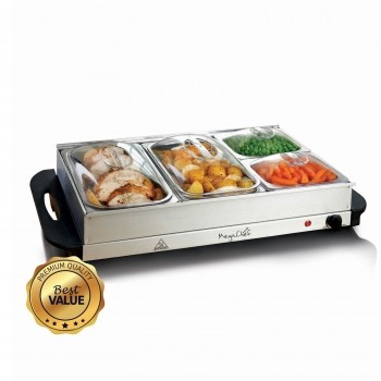 MEGACHEF BUFFET SERVER & FOOD WARMER WITH 4 REMOVABLE SECTIONAL TRAYS , HEATED WARMING TRAY AND REMOVABLE TRAY FRAME