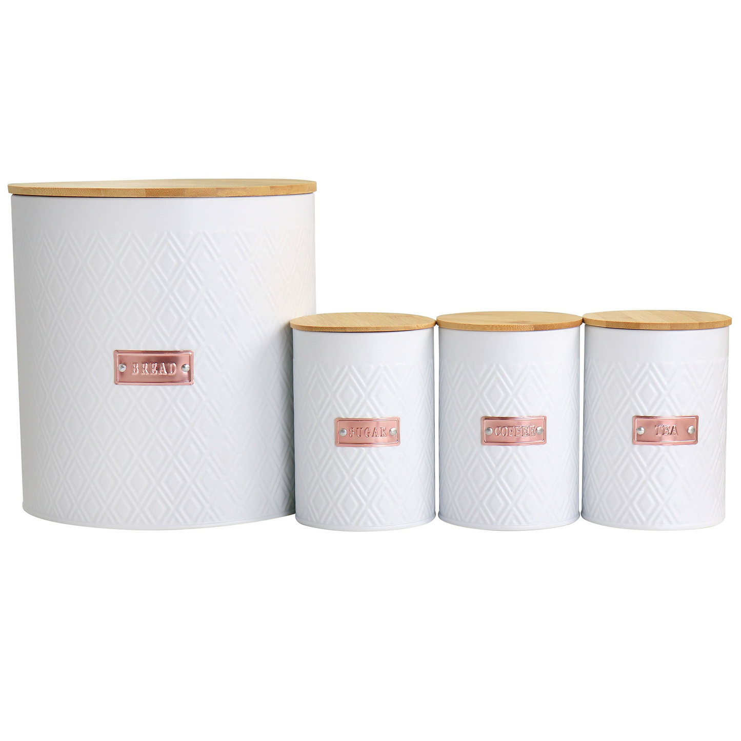 MEGACHEF KITCHEN FOOD STORAGE AND ORGANIZATION 4 PIECE ARGYLE CANISTER SET IN WHITE WITH BAMBOO LIDS
