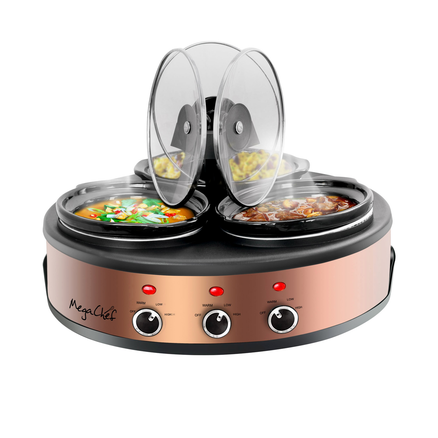 MEGACHEF ROUND TRIPLE 1.5 QUART SLOW COOKER AND BUFFET SERVER IN BRUSHED COPPER AND BLACK FINISH WITH 3 CERAMIC COOKING POTS AND REMOVABLE LID RESTS