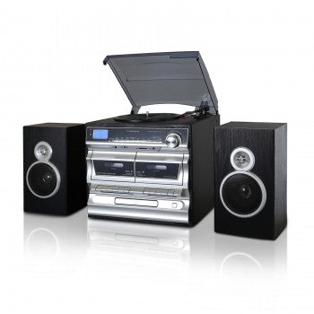 TREXONIC 3-SPEED VINYL TURNTABLE HOME STEREO SYSTEM WITH CD PLAYER, DOUBLE CASSETTE PLAYER, BLUETOOTH, FM RADIO & USB/SD RECORDING