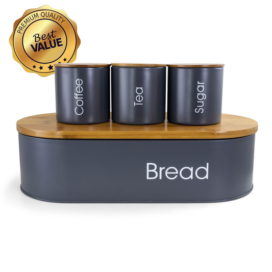 MEGACHEF BAMBOO KITCHEN COUNTERTOP 4 PIECE METAL BREAD BASKET AND CANISTER SET IN GRAY WITH LIDS