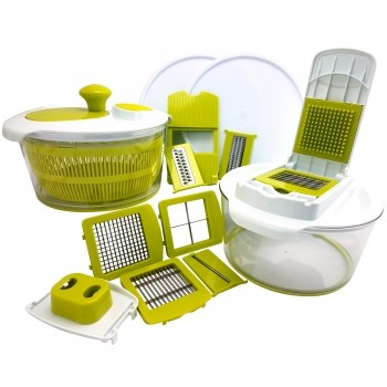 MEGACHEF 10-IN-1 MULTI-USE SALAD SPINNING SLICER, DICER AND CHOPPER WITH INTERCHANGEABLE BLADES AND STORAGE LIDS